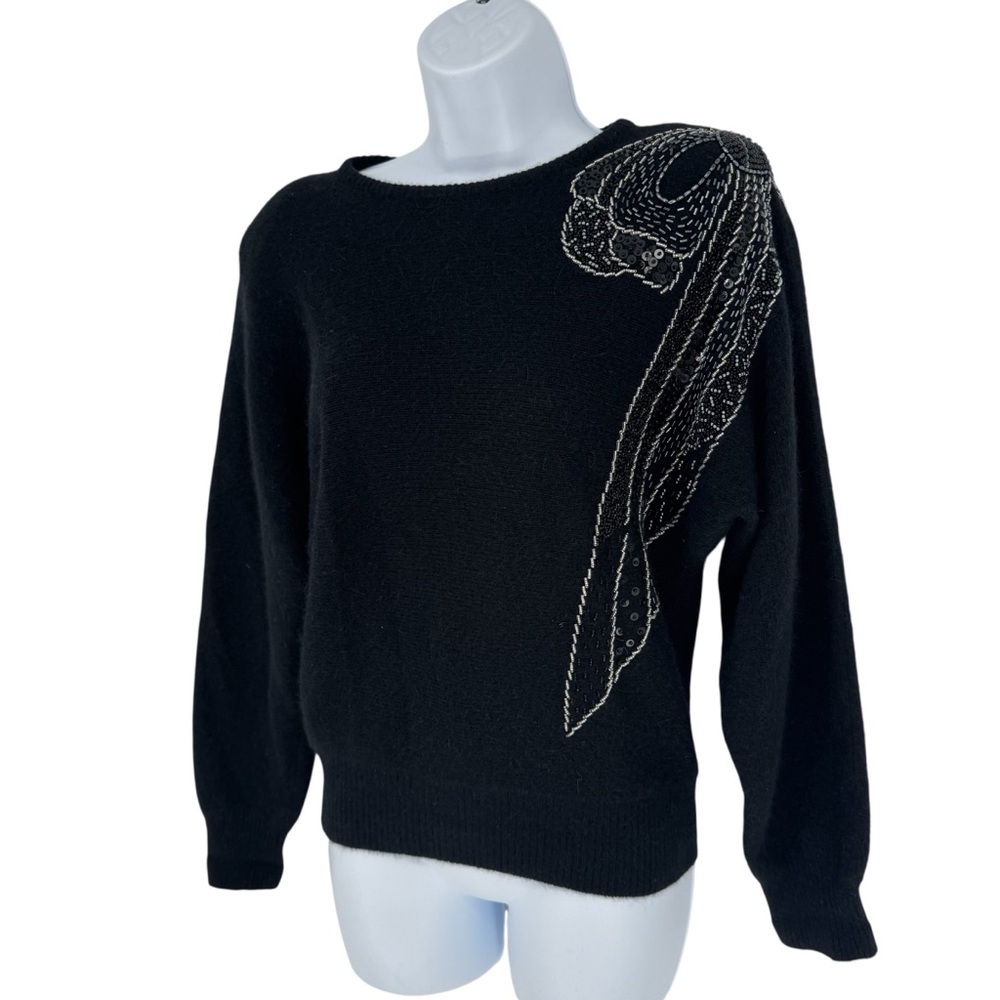 Vintage Marisa Christina 80s Wool Angora Black Sweater Embroidered Beaded Medium